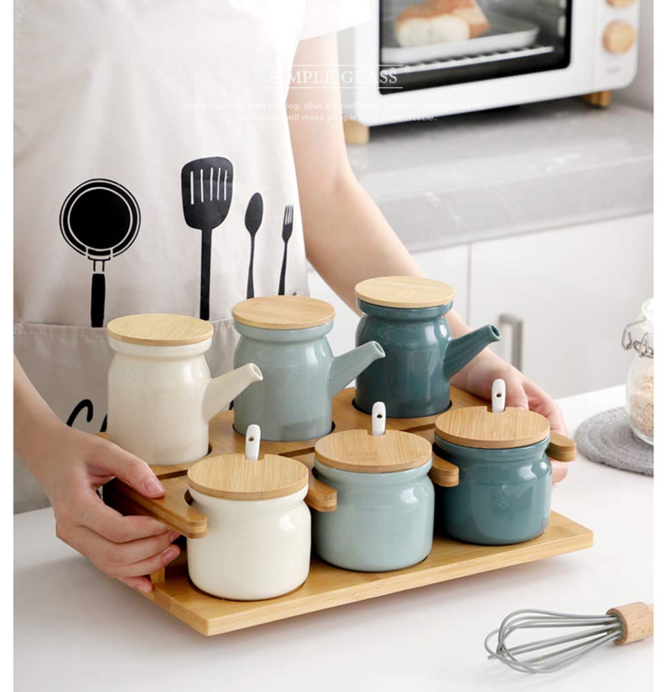 Zestaw puszek na olej, ceramiczna butelka z dozownikiem oleju, butelka 500 ml z dozownikiem sosu sojowego z drewnianą paletą, oliwa z oliwek, sos sojowy, ocet, cruet, płynny dozownik przypraw do