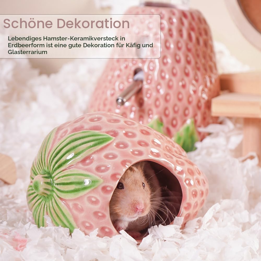 Keramik Hamster Versteck, Erdbeere Zwerg Hamster Haus, Meerschweinchen Habitat Dekor, Versteck Haus für Gerbil, Cool Bed für alle Jahreszeiten (Rosa)