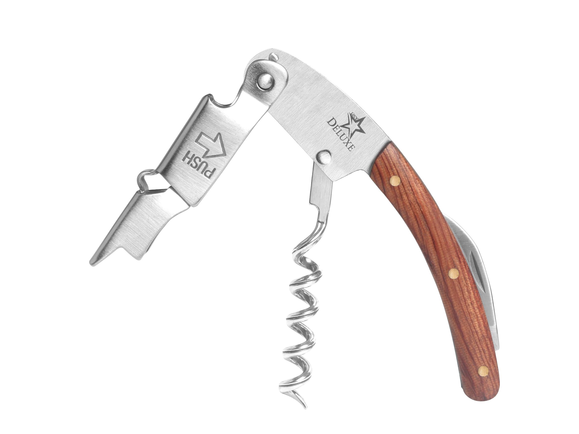 Professionelles Kellnermesser mit Korkenzieher und Flaschenöffner mit Lederetui, edles Design, Rosenholz, Edelstahl, viele Funktionen inklusive Ledertasche für den professionellen Gebrauch