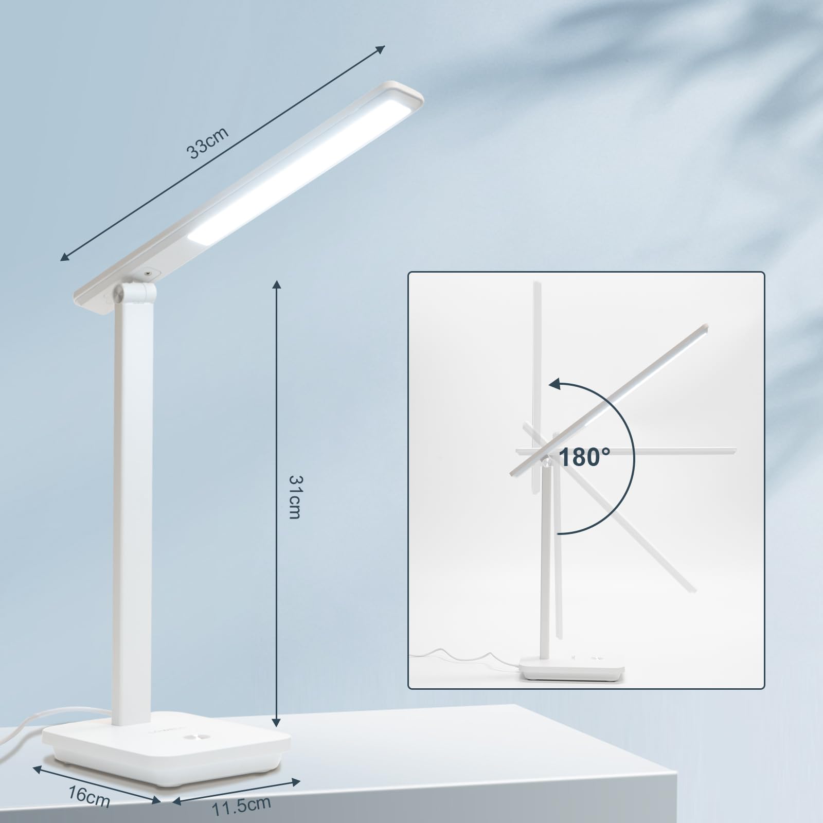 LQWELL® Lampa Biurkowa LED Odłączana, 3 Poziomy Jasności, Możliwość Przyciemniania, Lampa Stołowa Do Domowego Biura, Obrót Od 0° Do 180°, 6500 K (Biały)