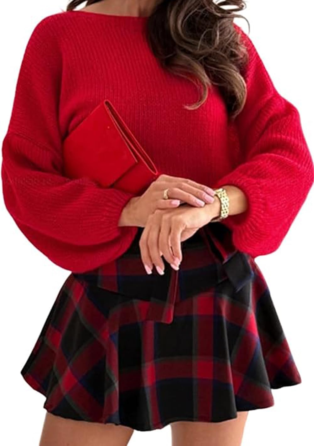 SELINK Womens Casual Festive Bow Pullover Sweater Tops Backless Bubble Sleeve Long Sleeve Round Neck Daily Sweater