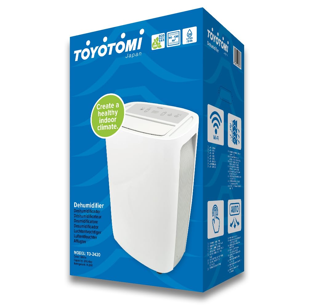 Toyotomi TD-C2420 osuszacz powietrza 20 l/24 h, Wi-Fi, timer, panel dotykowy, bardzo cichy <47 dB, zbiornik 3,5 l, do pomieszczeń o powierzchni do 48 m², biały