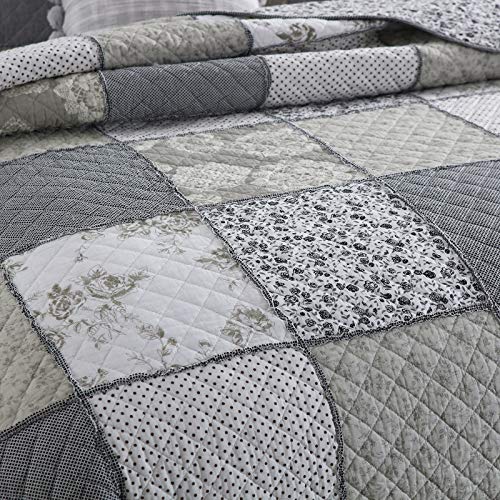 Wongs Bedding Patchwork Queen Quilt Set, 100% Cotton Reversible Farmhouse Bedspread Coverlet Set For All Season, 3 Pieces (1 Quilt +2 Pillow Shams) 90"X98" #TOP2