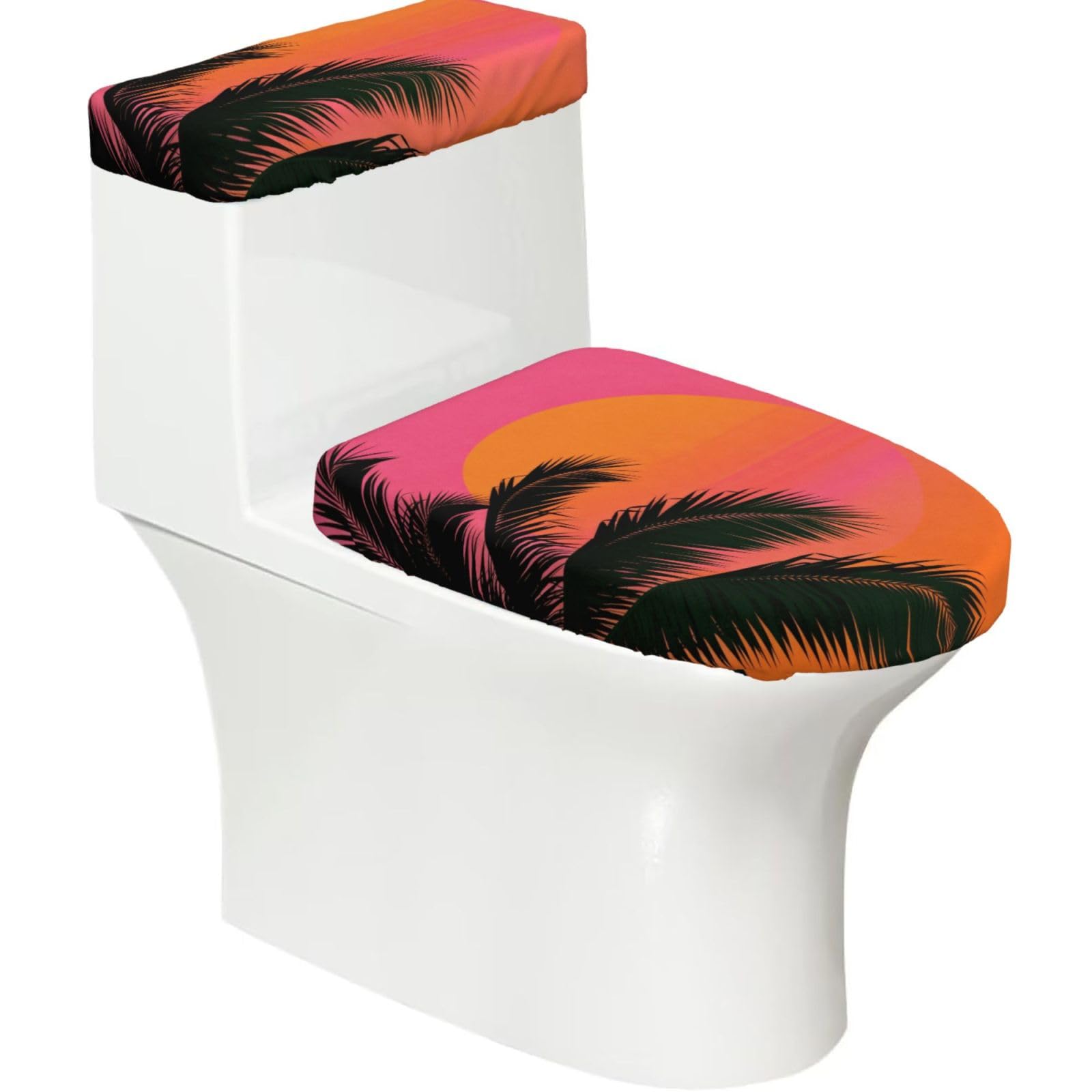 Cntdbu Black Palm Sunset Silhouette Stretchy Toilet Lid And Tank Cover Set-Soft Elastic Bathroom Decor For U Shape Oval