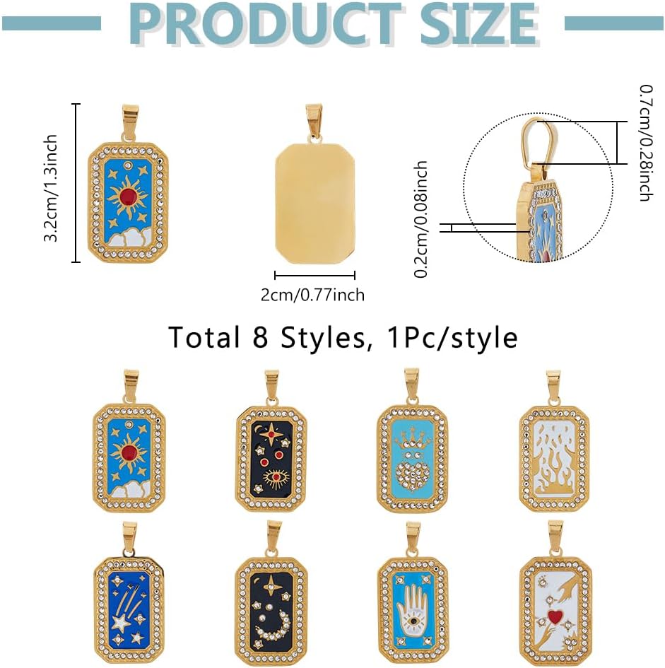 DICOSMETIC 8Pcs 8 Styles 304 Stainless Steel Tarot Charm Pendants Enamel Rhinestone Golden Tarot Charms Rectangle Tarots Card Charms for Jewelry Making 32x19.5mm - Image 2