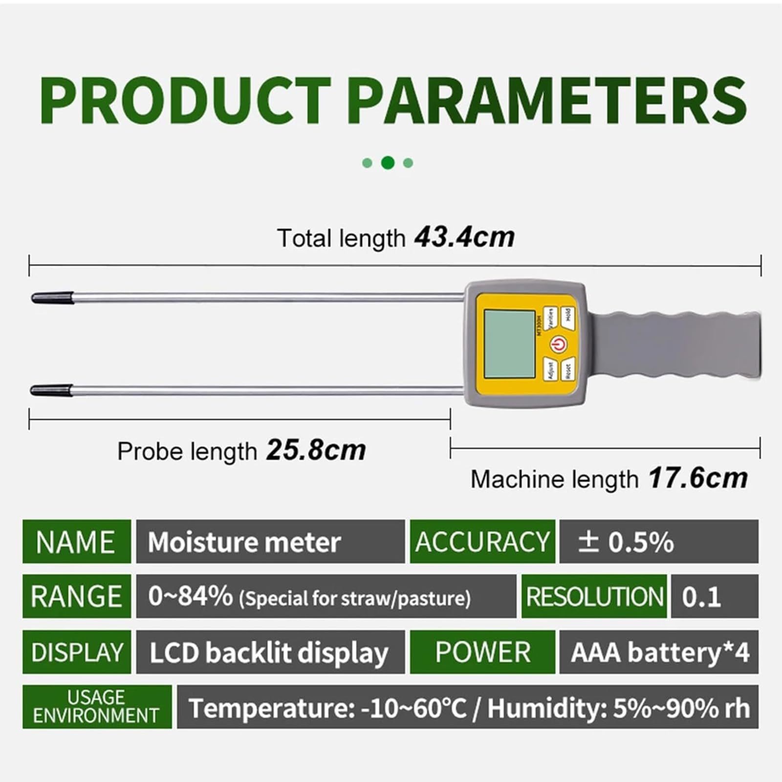 Probador de humedad de heno de doble sonda, medidor de humedad portátil para forraje con pantalla LCD retroiluminada, rango de precisión de 0 a 84 % ± 0,5 %, detector de humedad para paja de césped