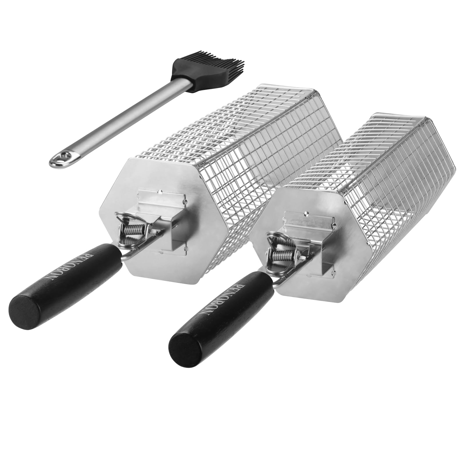 2er Set Drehbarer Sechseck Grillkorb, 304 Edelstahl BBQ Korb mit Holzgriff, Grillzubehör für Fleisch Fisch Gemüse Camping Garten