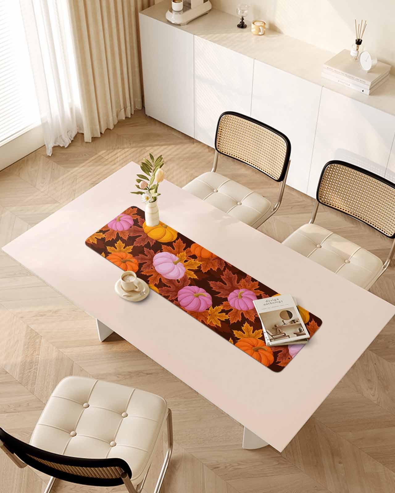 Debedcor Heat Proof Table Pads Waterproof Decorative, Fall Pink Orange Yellow Pumpkins Non-Slip Table Countertop Protector, Thanksgiving Maple Insulation Mat for Kitchen Room, 40 x 12 Inches