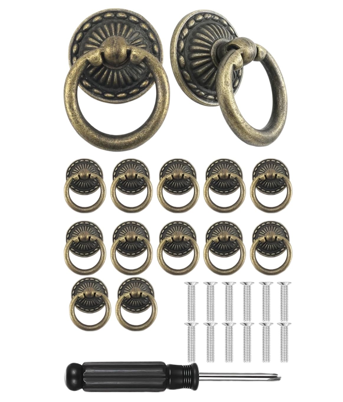 Joyawadori 12PCS Drawer Knobs, Antique Brass Door Handles, Drawer Handles with Matching Screws & Screwdriver Cabinet Knobs for Cupboards Wardrobe Furniture