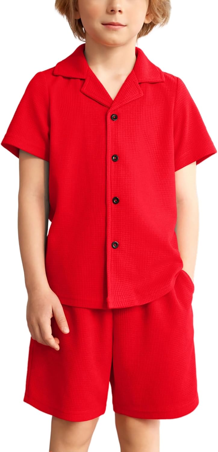 Arshiner Toddler Boys 2 Piece Summer Outfits Waffle Knit Short Sleeve Button Down Shirt & Casual Shorts Sets Size 2-7