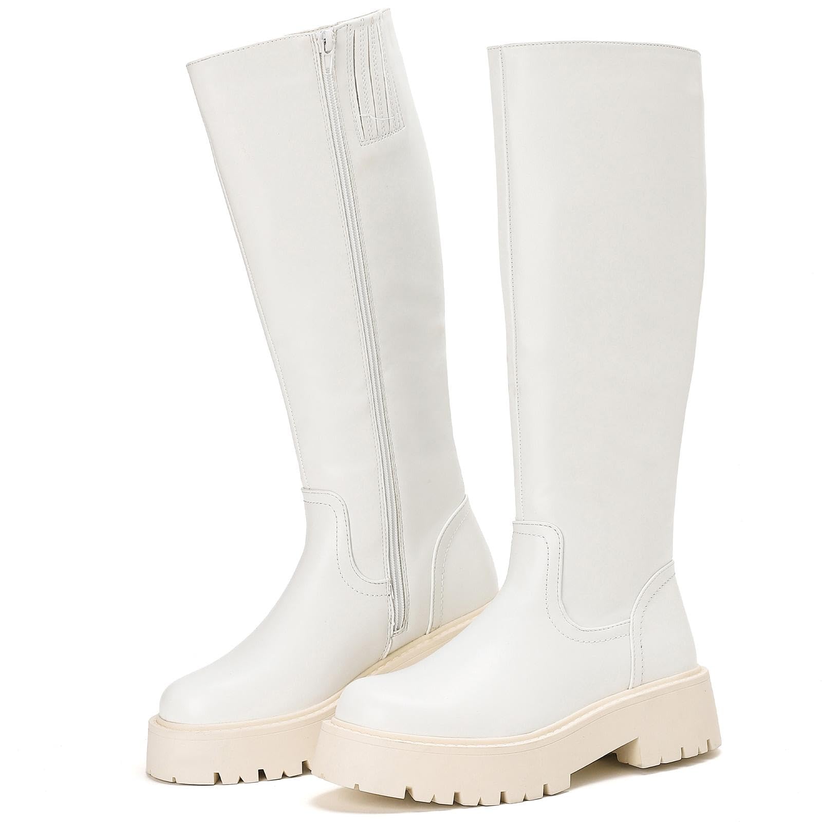 Putu Damen Stiefel Plateau Modische Reitstiefel mit Blockabsatz Profilsohle Leicht Bequem Elegante Hochschaftstiefel