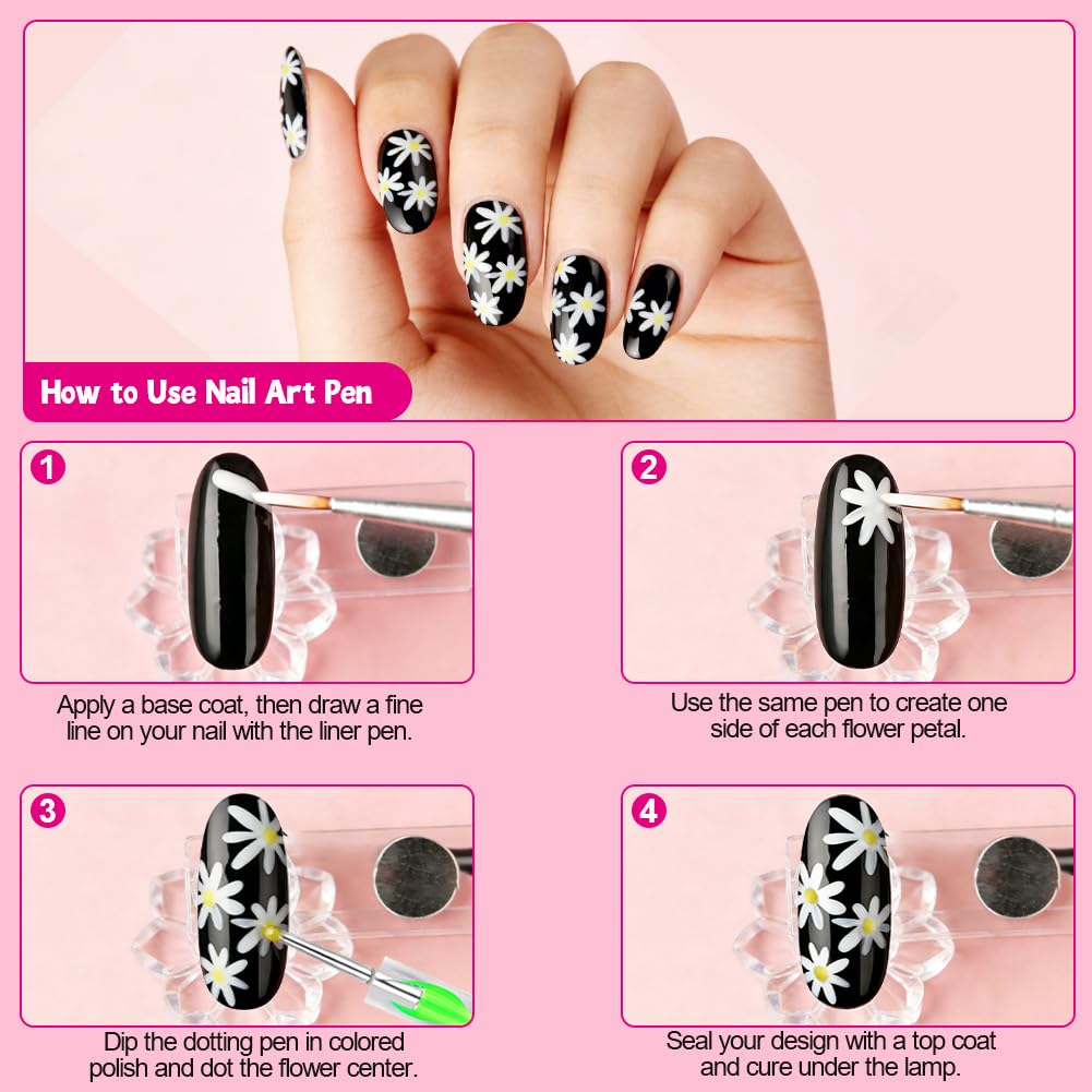 Zestaw pędzli do zdobienia paznokci, akcesoria dekoracyjne do nail art, pędzle do paznokci, kamienie stras, brokat, złota folia, wzór do paznokci, Dotted Pen, taśma w paski do manicure, pędzel