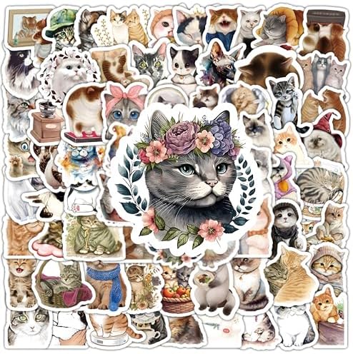 100 Pcs Vintage Aesthetic Cute Cat Stickers for Water Bottles,100 Interesting Design Patterns Elements, Floral Kawaii Cartoon Decal Pack, Laptop, Skateboard, DIY Crafts