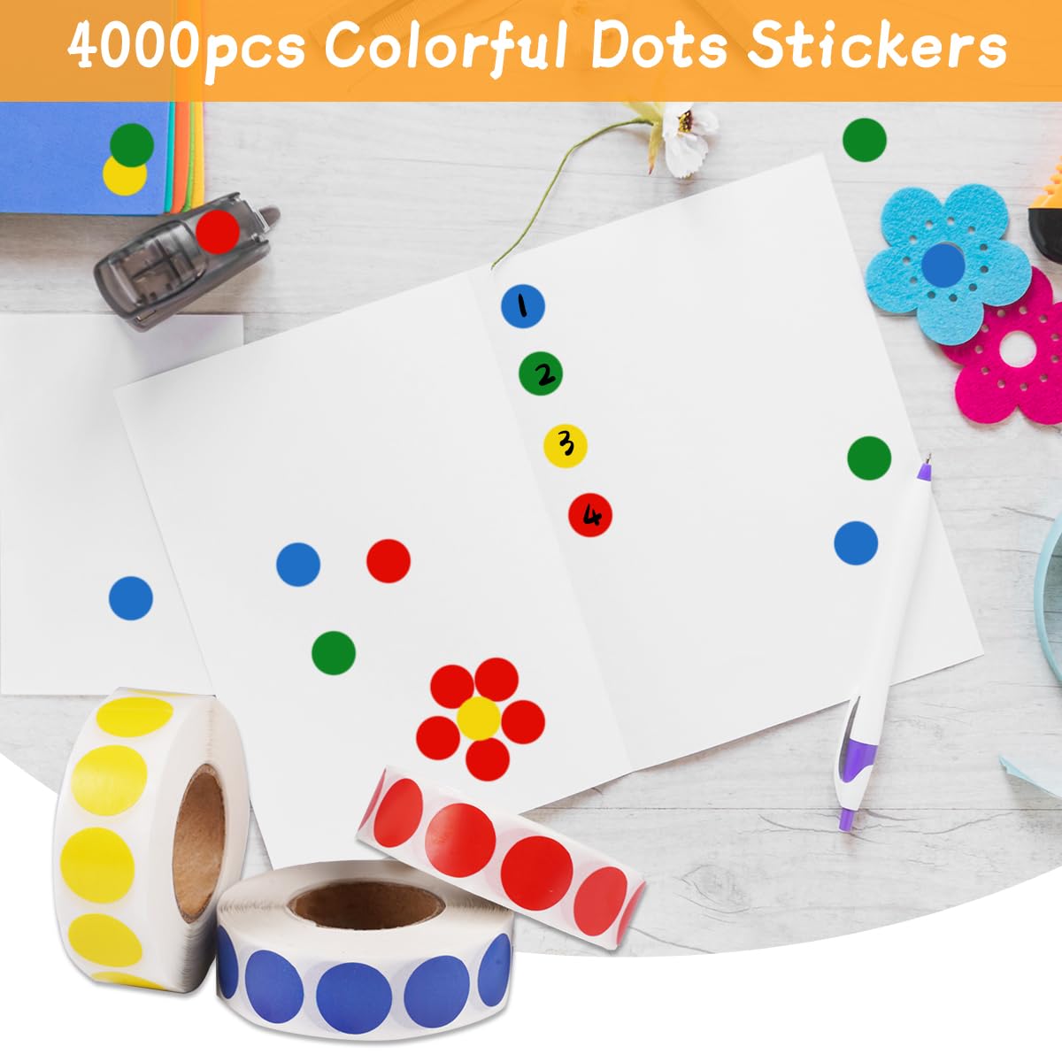 Gommettes Autocollantes Rondes Multicolores 13 mm 4000 Pièces 4 Rouleaux pour Tri Bureau Marquage Bricolage