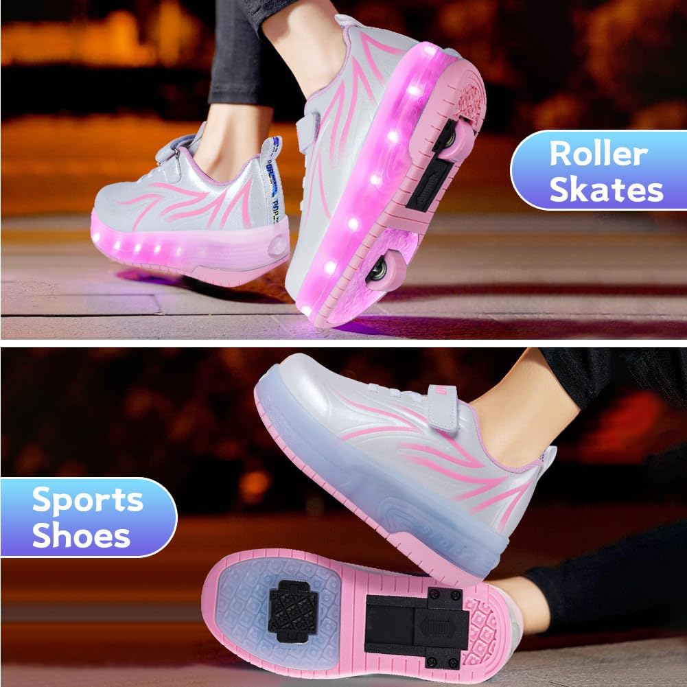flintronic Zapatillas con Dos Ruedas para Niña, Zapatos con Dos Ruedas para Niñas, Luces LED Coloridos Parpadeante 2 en 1 Zapatos de Skate para Niña, Carga con USB Calzado de Skateboarding