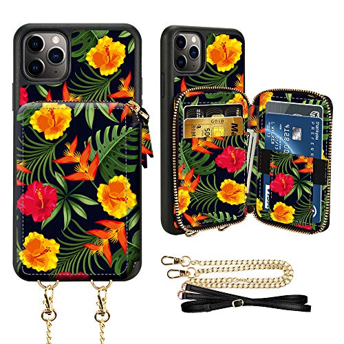Weekly Top Sale LAMEEKU iPhone 11 Pro Max Case Floral, iPhone 11 Pro Max Wallet Case, Zipper Leather Card Holder Case with Cards Slots Strap Crossbody Chain, Shockproof Cover for iPhone 11 Pro Max 6.5''-Caesalpinia