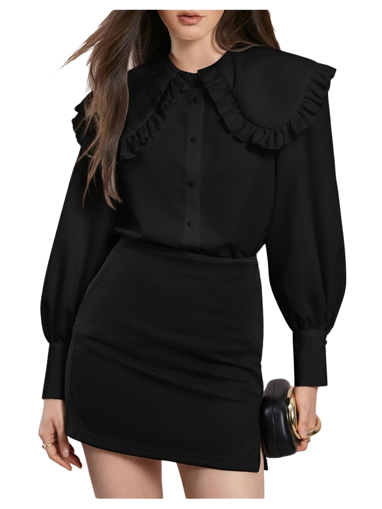 Women's Peter Pan Collar Shirt Blouse Long Sleeve Ruffle Large Doll Collar Button Shirt Tops Trendy 2025