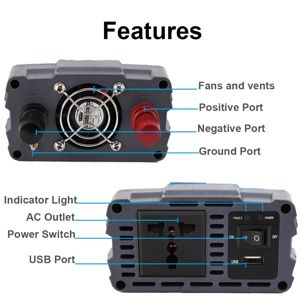 SolaMr 300W Inversor de Corriente Onda Senoidal Pura 12V DC a 220/230/240V AC Convertidor con Puertos de Carga USB 1 A y Tomas AC para Sistemas Montados en Vehículos y Sistemas Domésticos - 300W