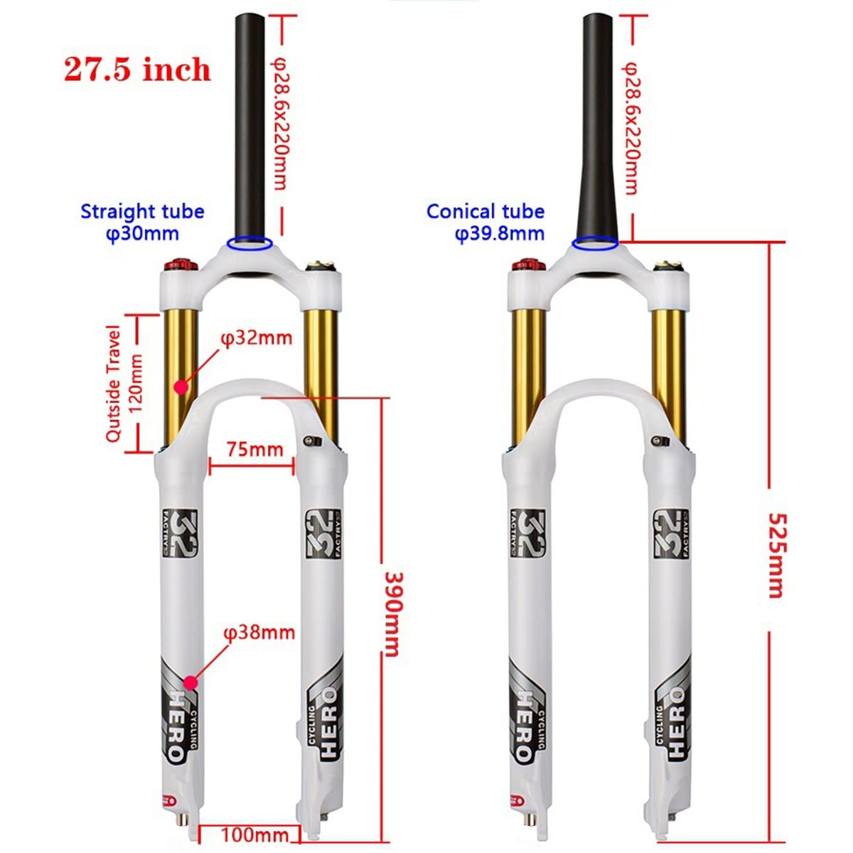 26/27,5/29 cala MTB Mountain Bike Widelec Powietrza 100 mm, 1-1/8 1-1/2, przedni hamulec tarczowy do roweru, QR 9 mm (kolor: stożkowy ręczny, rozmiar 27,5 cala