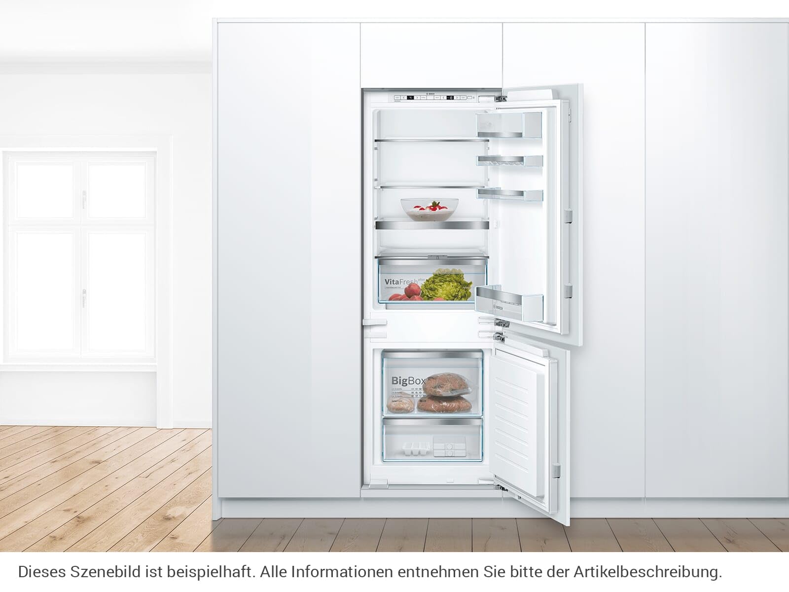 Bosch KIS77AFE0 seria 6 lodówko-zamrażarka do zabudowy, wnęka 158 x 56 cm, chłodzenie 169 l + 61 l zamrażanie, zawias płaski, Made in Germany, VitaFresh plus 2 x dłuższa świeżość, LowFrost rzadziej