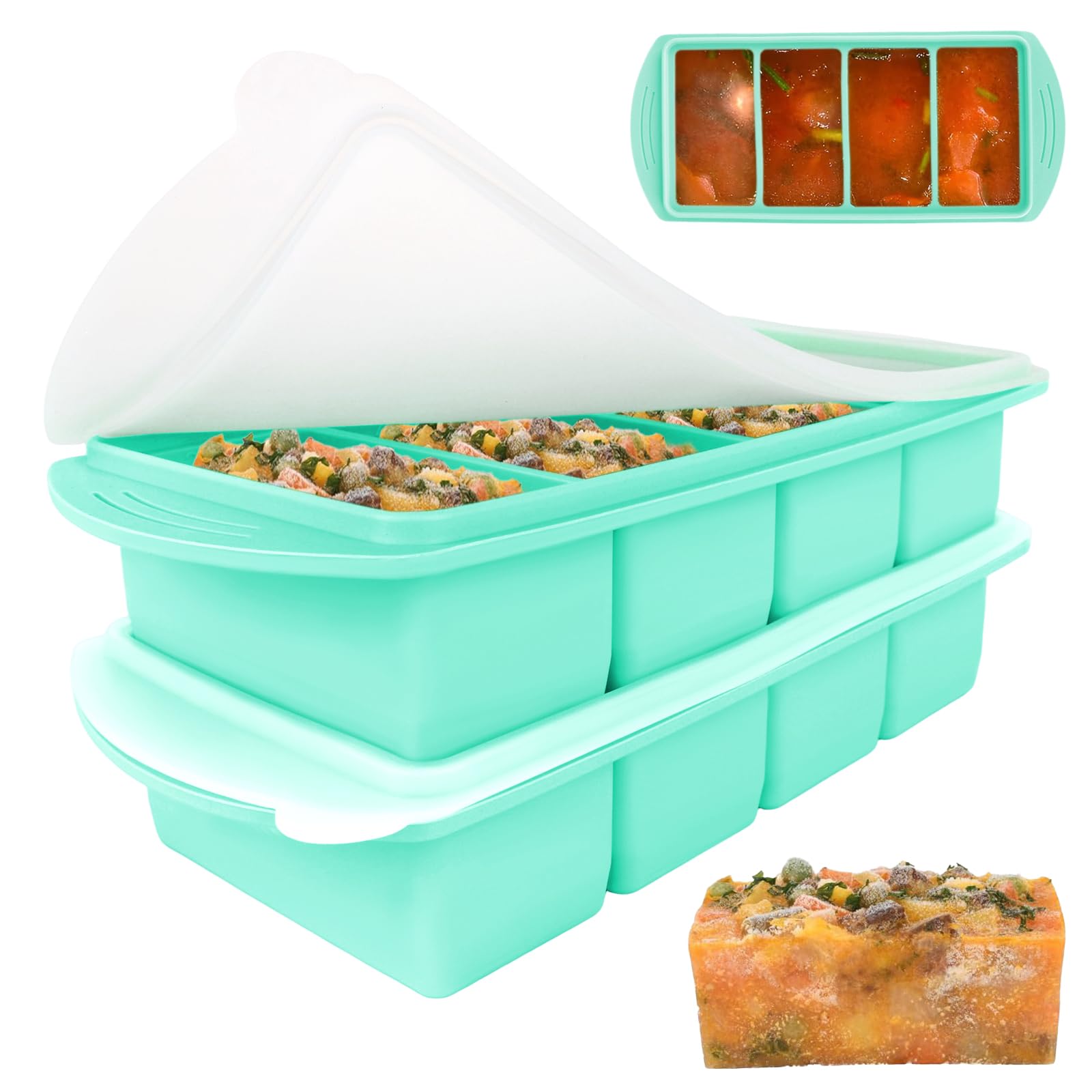 Lotvic 2 Pack Soup Cube Silicone Freezer Tray, 1000ML Freezer Containers with Lid, 4-Compartment, Makes 8 1-Cup Portions Cubes, Freezer Tray for Meal Prep, Soup, Sauce (2 Pack, Emerald Green)