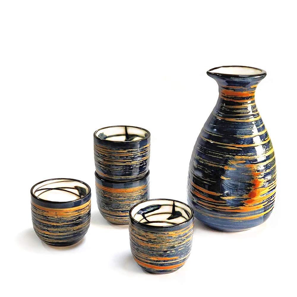 Set tradizionale giapponese da Sake con tazzine, in ceramica dipinta a mano, 5 pezzi Blue Rich