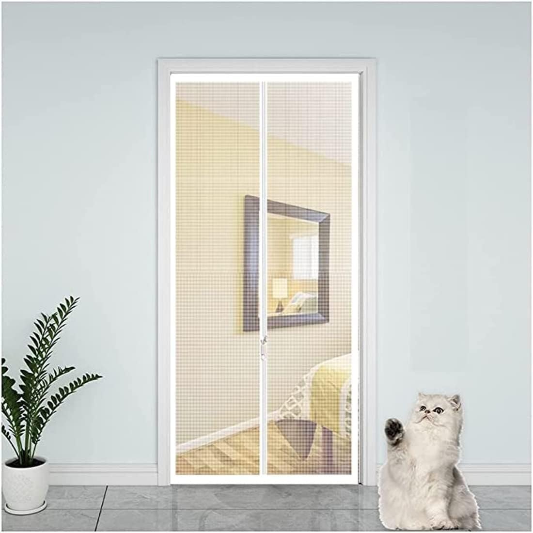 Magnetische Katzenklappe Tür mit Fliegengitter, Weiß, ohne Bohren, 2 Stück, mehrere Größen (90 x 210 cm), ideal für Haustiere und Insektenschutz