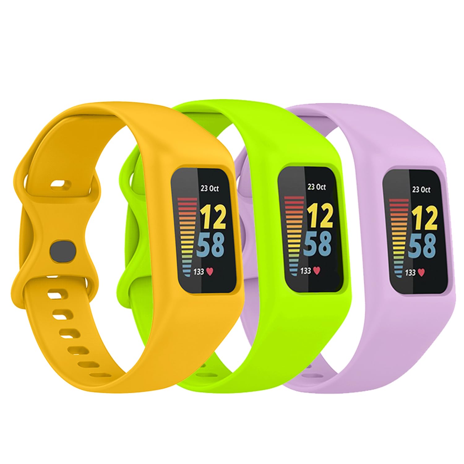 Gheper 3 Pack Soft Watchband Compatible with Fitbit Charge 6, Charge 5, Charge 4, Charge 3/3SE Silicone Wristband All-round Protective Band Replacement Bracelet Strap, Yellow/Lime/Lilac