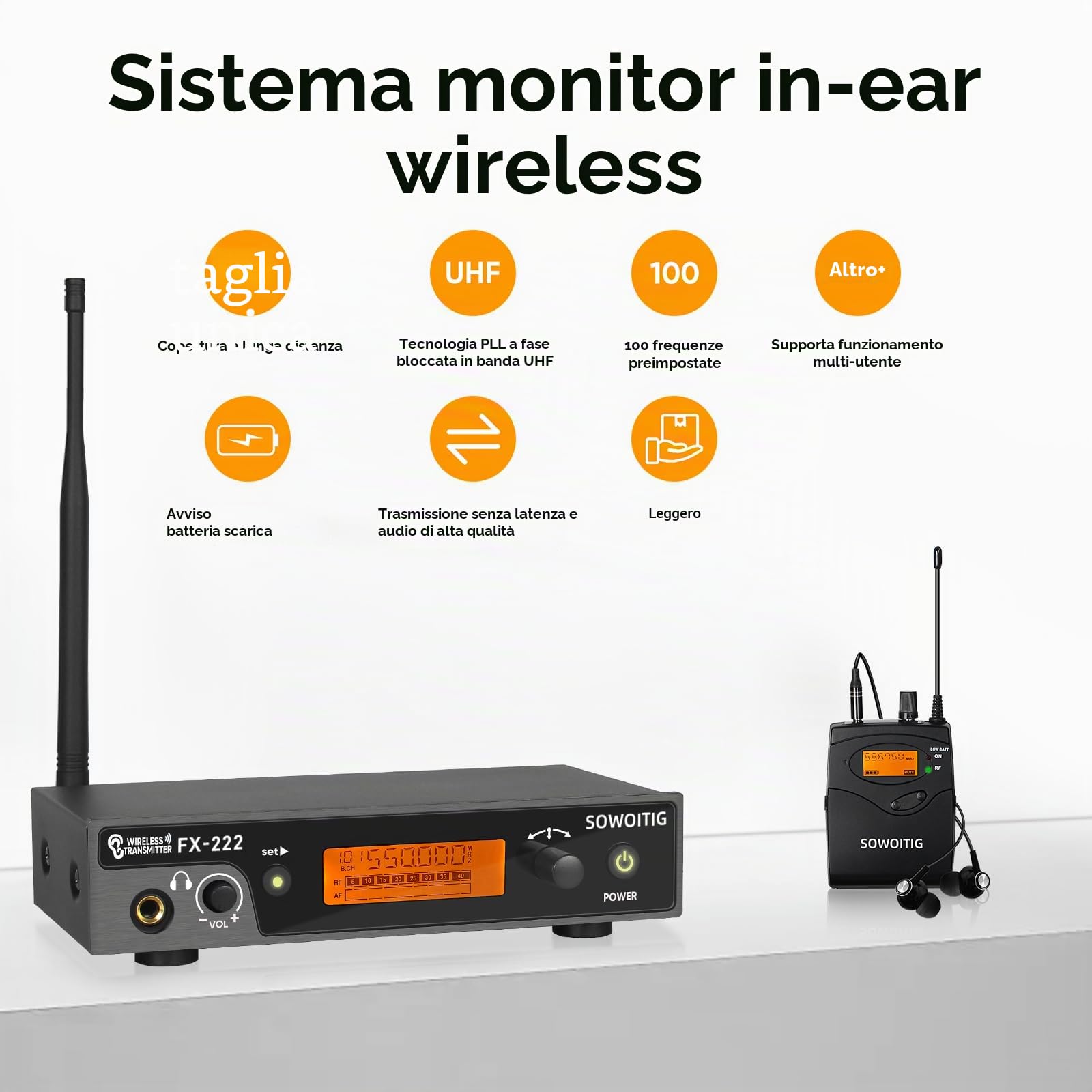 Sistema di monitoraggio wireless in-ear UHF-IEM (mono) con trasmettitore in metallo a rack, ricevitore bodypack e auricolari, 100 frequenze, portata 80 m
