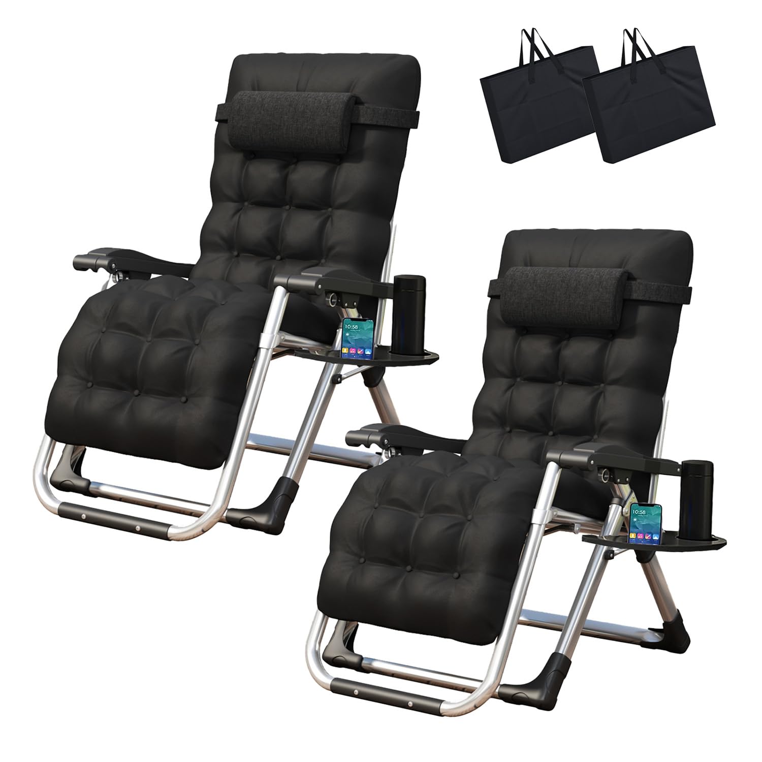 TRIOBLADE Outdoor Reclining Zero Gravity Chair with Cup Holder & Cushion, Adjustable Sun Loungers Folding Recliner Garden Chairs for Patio Garden Beach Support 200kg (Set of 2 Black)