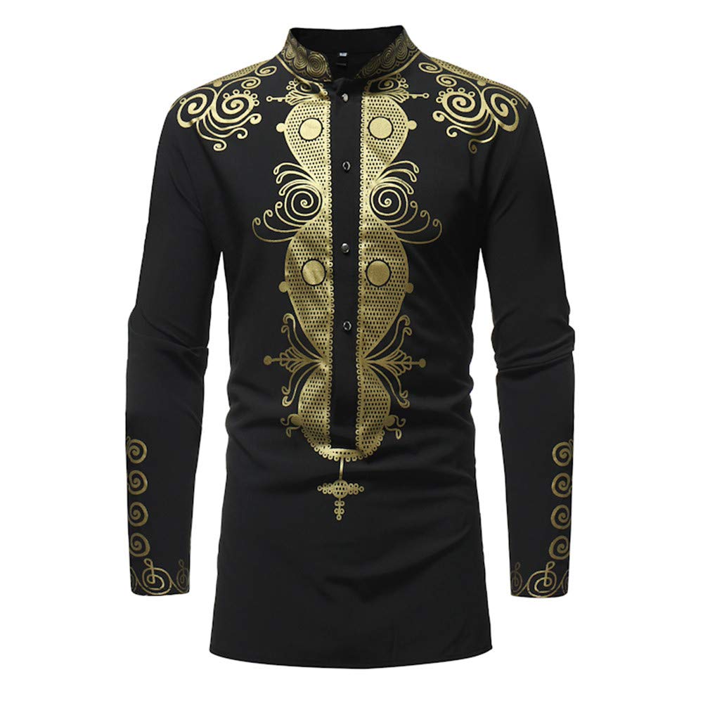 Mens Luxury African Print Long Sleeve Shirt Top Autumn Winter Blouse(Black2,L)
