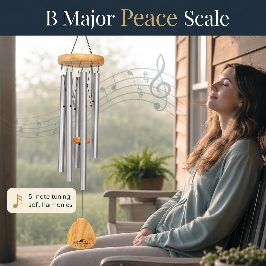 UpBlend Outdoors Carillon éolien pour extérieur – Carillon éolien argenté de 73,7 cm pour l'extérieur, Carillon éolien harmonique pour l'extérieur, Carillon éolien pour Maman, Grand-mère, Carillon à