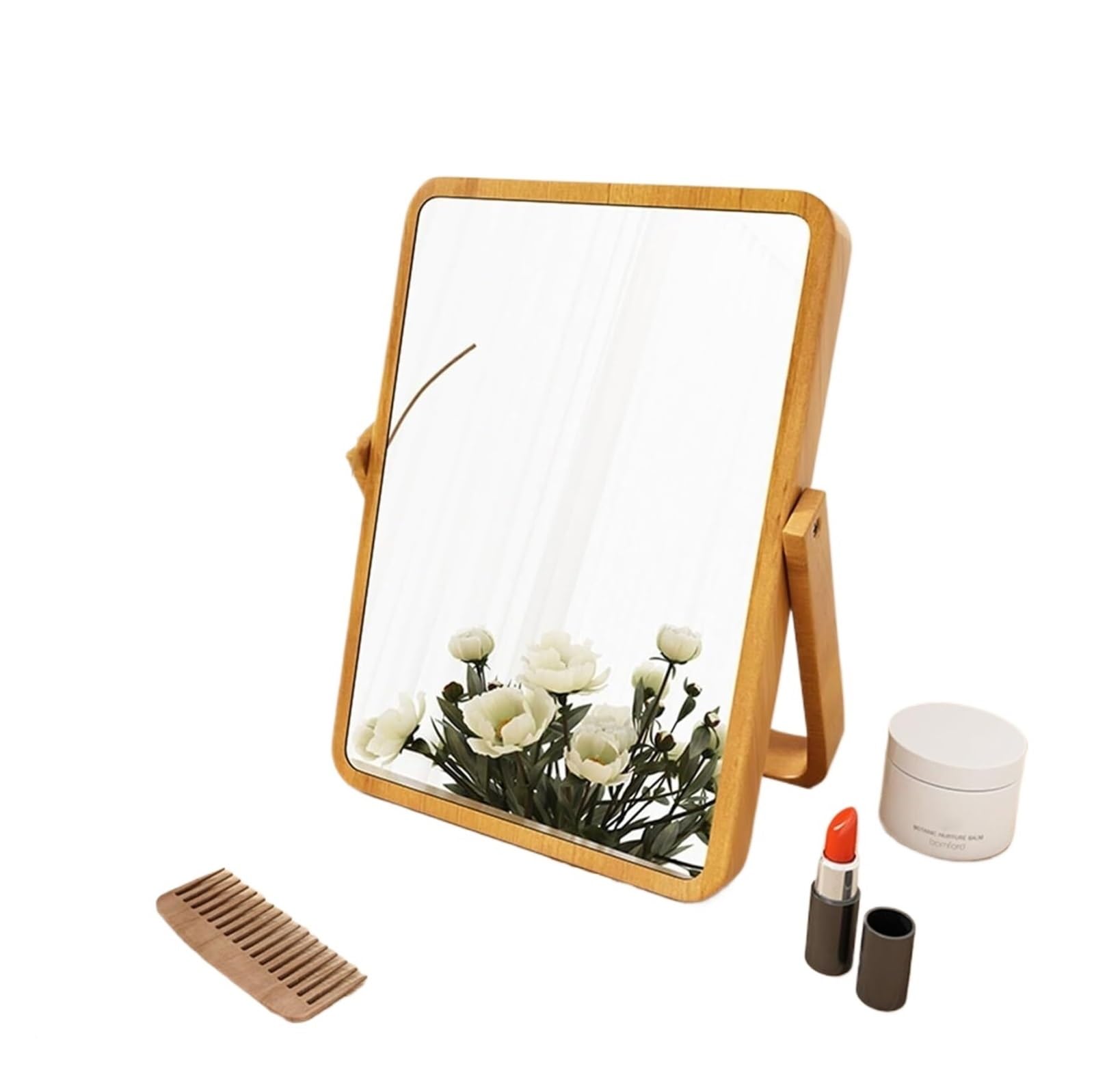 Miroir de maquillage pliable grand format avec cadre effet bois