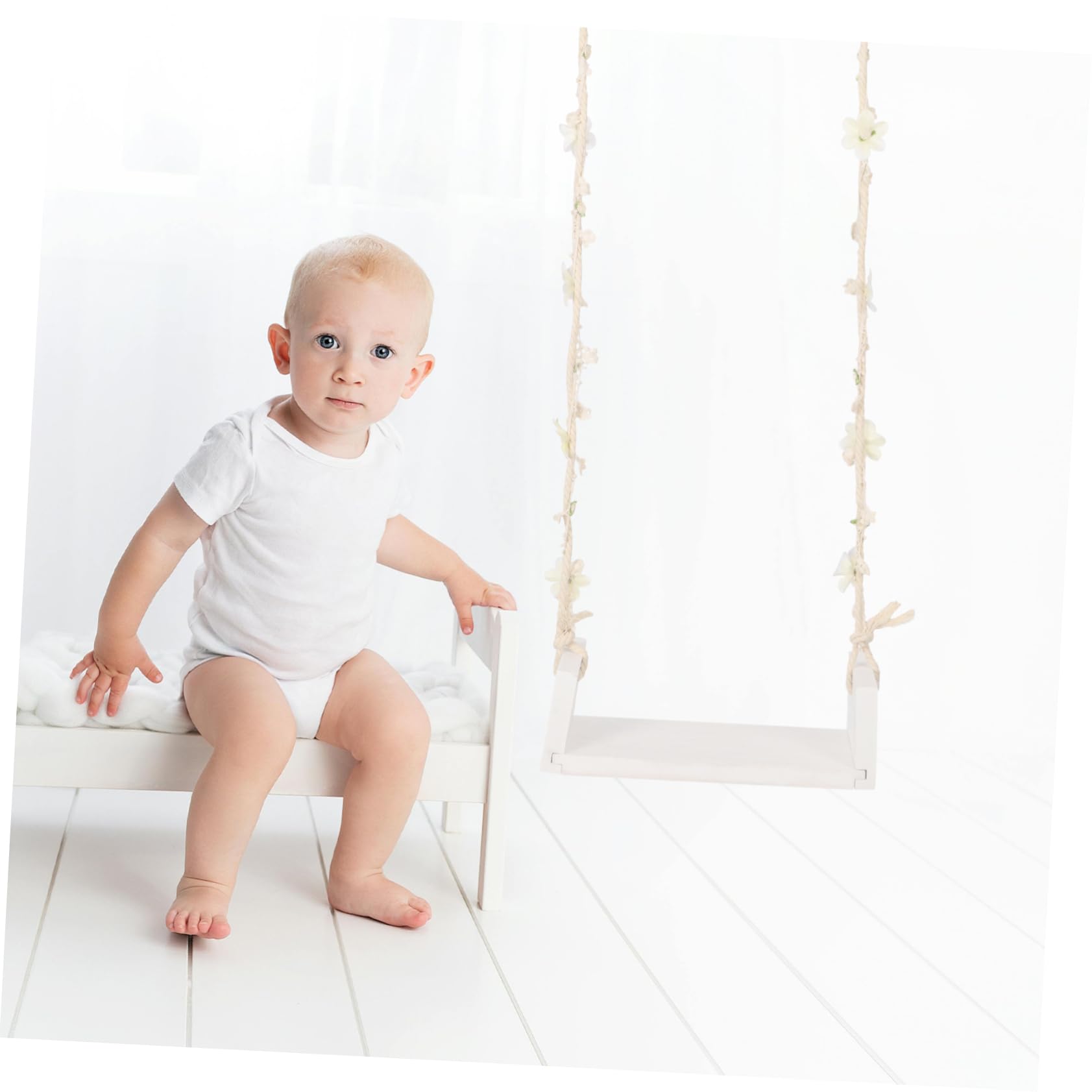 BESPORTBLE Altalena Fotografia Ragazzo Ragazza in Legno Decorazioni Floreali, Oggetti Di Scena Per Ragazzo Ragazza Per Servizio Fotografico e Arredamento Casa, Accessorio Duraturo Per Foto Neonatale