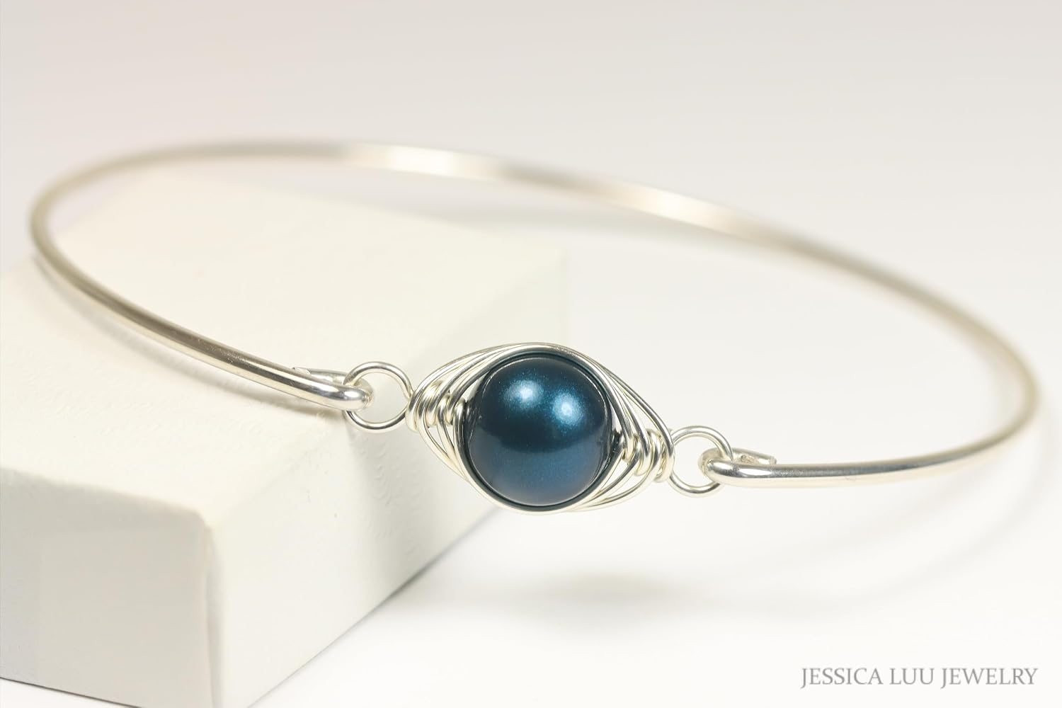 JESSICA LUU JEWELRY Tahitian Dark Blue Pearl Bangle Bracelet Sterling Silver or Gold Filled Handmade