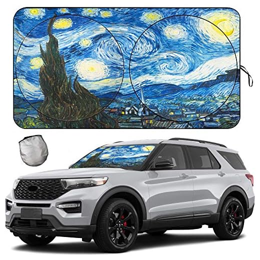 Windshield Sun Shades, Sunshade for Car SUV Truck,Keep The Vehicle Cool,Easy to Use Protect The Vehicle from High Temperature Damage and Uv Reflection-63 L x 33.5" W (Van Gogh Starry Sky)