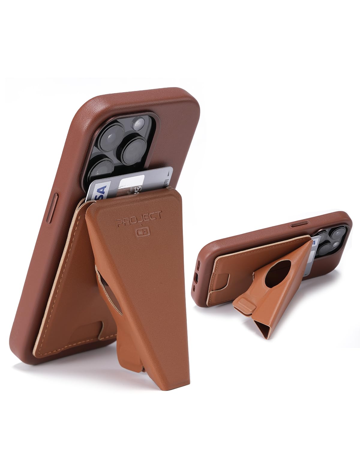 Project-cb Phone Stand,Ring Holder Stand,Wallet Stand,Grip Stand,Phone Stand for Desk,Phone Stand with 2 Viewing Angles,Repositionable(Brown)