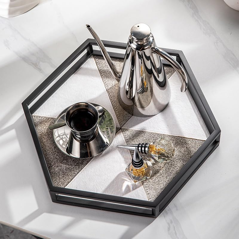 Bandejas Servir Comida Bandeja Hexagonal Ligera de Lujo Crin, Almacenamiento Entrada, Bandeja Escritorio for cosméticos, Adornos Grises y Blancos, Decorativa for joyería Mesa Cama