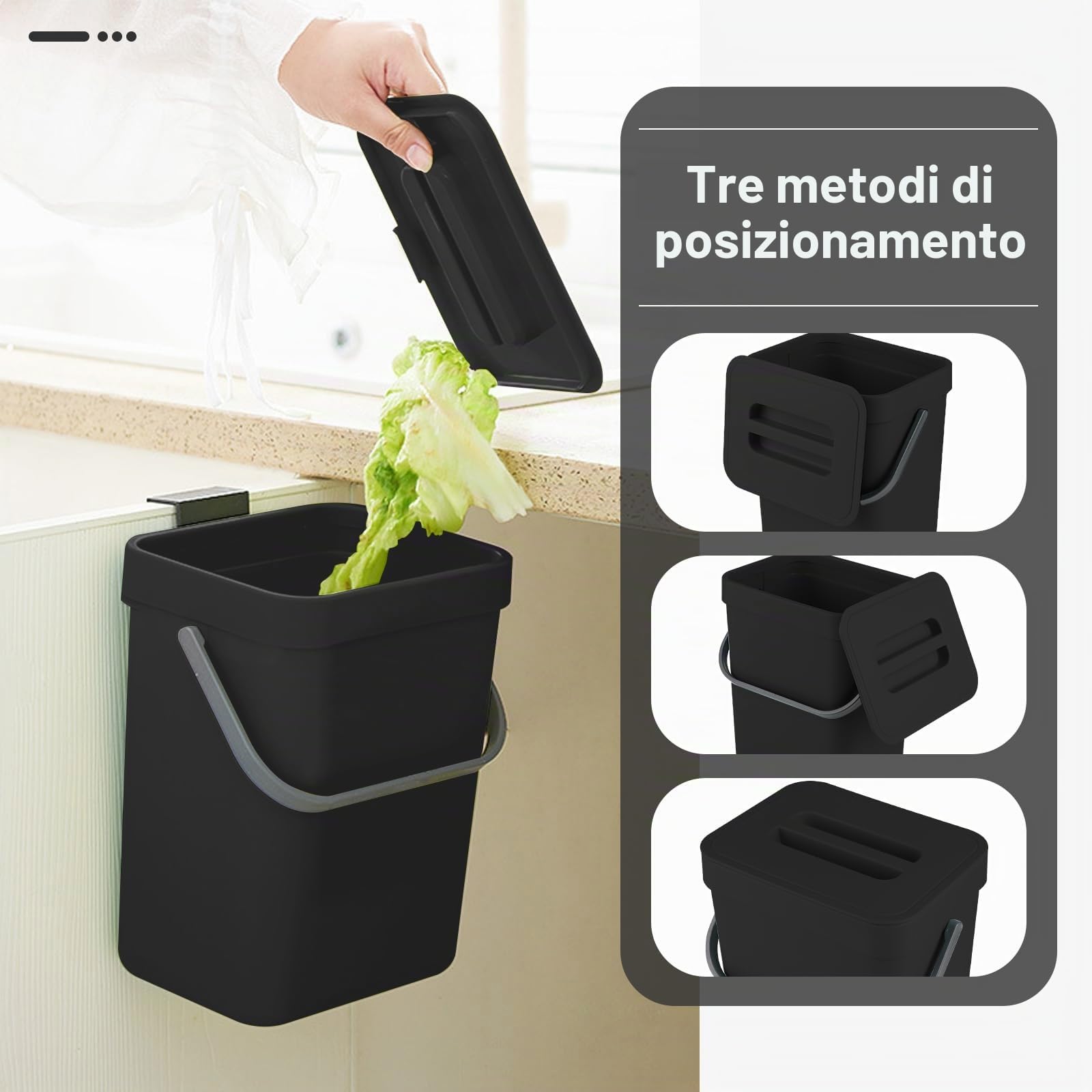 lalago Secchio per il compost da cucina (5L+3L), Bidone per rifiuti organici sospeso, Contenitore sospeso con coperchio per cucina, bagno, auto, ufficio, camera da letto (Nero)