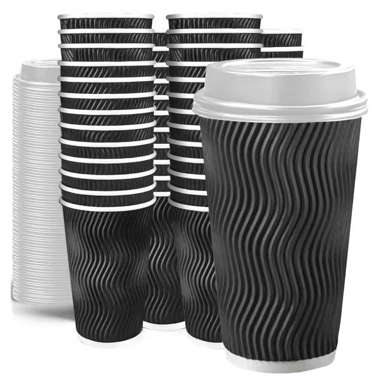 100 Set - 16 oz Coffee Cups with Lids, Disposable Insulated Corrugated Paper Cups, Double Wall Ripple To Go Cups for Hot Drinks, Chocolate, Cocoa (Black)