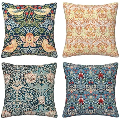 HOSTECCO William Morris Pillow Covers 45x45 cm Pack of 4 The Strawberry Thieves Golden Bough Design Art Pillow Cases Square Decorative Cushion Covers for Sofa Couch Cover