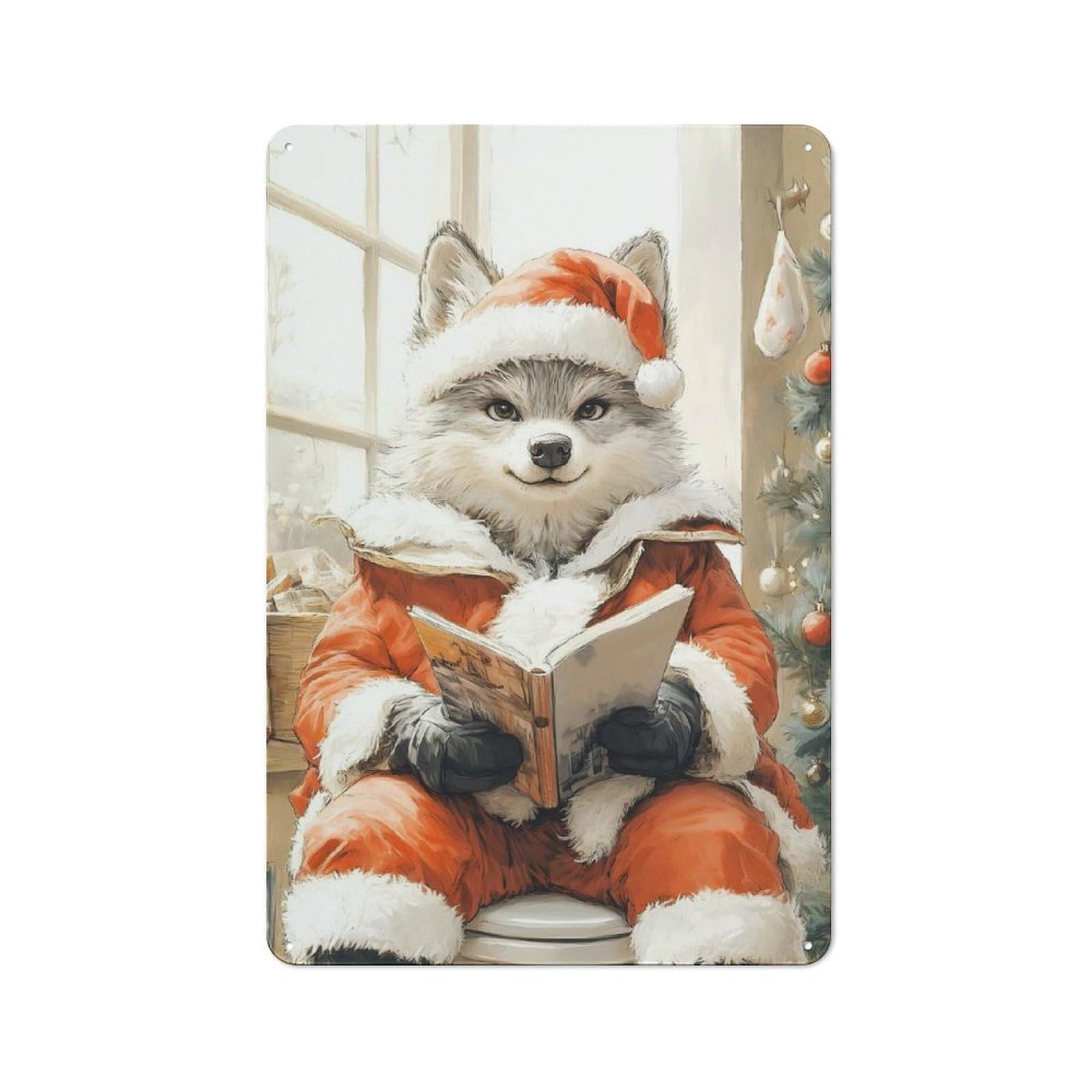 Junmoney Wolf In Santa Suit Reading Rustic Metal Plaque 30X20cm For Studio Or Craft Room, Suited To Craft Room Decorators