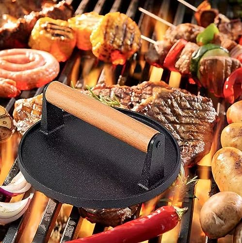 Kitchen Tools Heavy Duty Cast Iron Smash Burger Press Round Barbecue Meat Flat Press with Anti Scalding Wooden Handle with Handle for Griddle, Sandwich, Nonstick Pan - Thumbnail 4