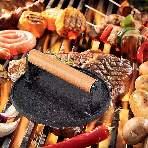 Kitchen Tools Heavy Duty Cast Iron Grill Press Burger Press Bacon Press Barbecue Press Meat Press Burger Smasher Griddle Press Round Flat Press with Anti Scalding Wooden Handle (5.7\") - Thumbnail 4
