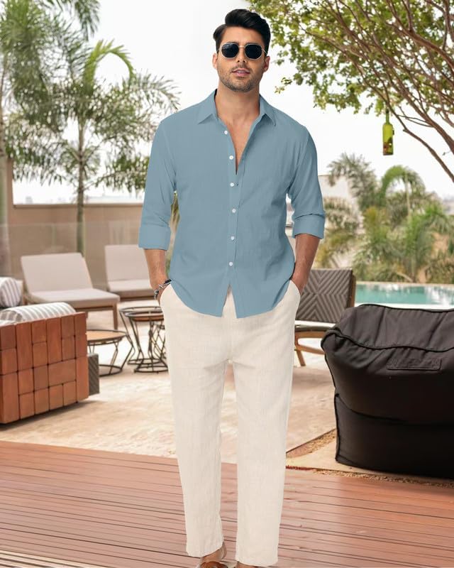 Linen Shirts for Men Casual Button Down Long Sleeve Shirt Solid Summer Beach Hawaiian Shirts - Image 3