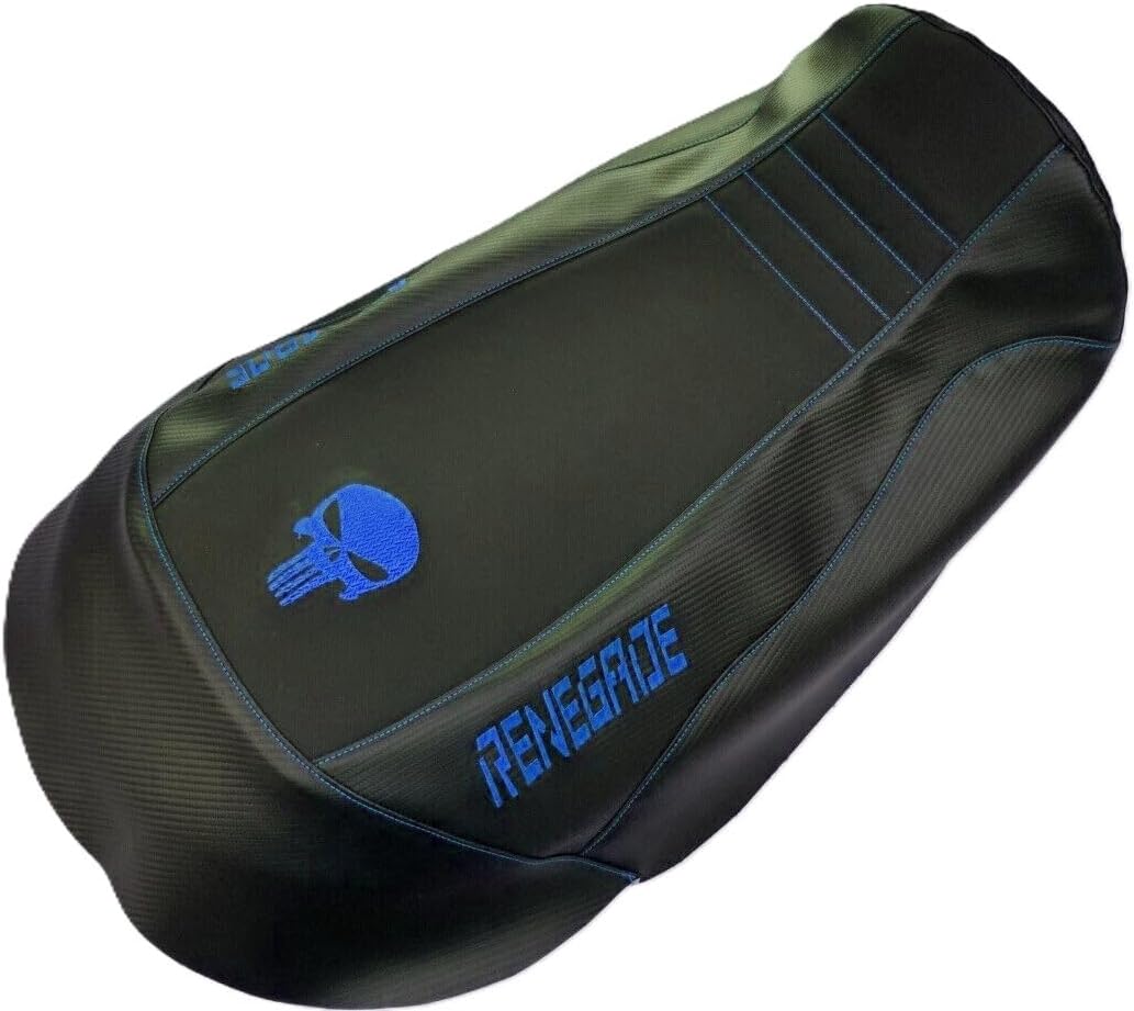 HCC Racing ATV seat Cover Compatible with CAN AM Renegade 1000 XMR Black Gripper/Black Carbon Fiber Blue Stitching Punisher Skull