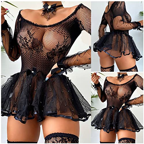 Women's Lace Sheer Mesh Lingerie Dress Long Sleeve Beaded Babydoll Hollow Bodysuit Fishnet Stocking Sexy Mini Dresses - Image 3