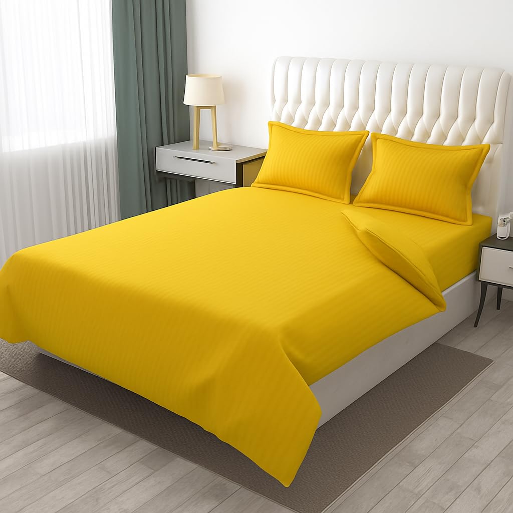 DECOR2ADMIRE 300TC Pure Cotton Plain Stripe King Size Double Bedsheet for Double Bed with Two Pillow Covers (Super King, Yellow) (108 * 108 Inches)