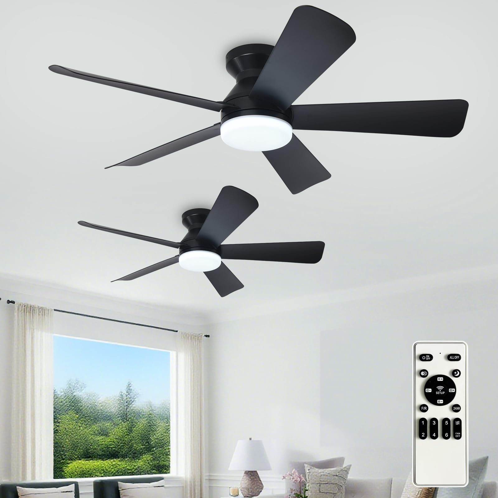 Depuley 42-Inch Ceiling Fans with Lights: Indoor/Outdoor Flush Mount Ceiling Fan with Remote Control - Black 5 Blade Low Profile Fandelier for Kitchen Gazebo - Reversible Quiet Timer - 2 Packs