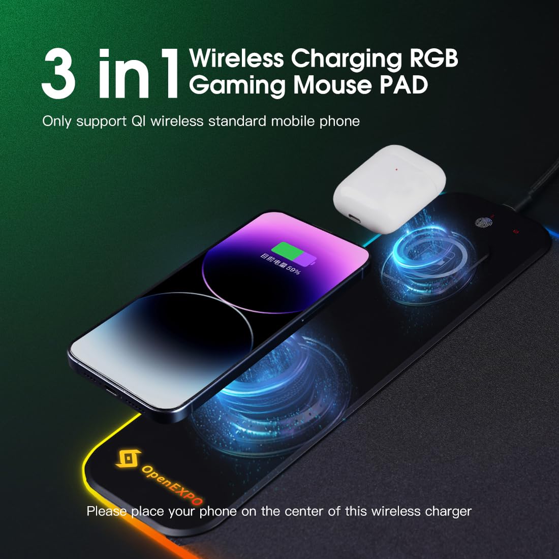 M15WR Tappetino da scrivania RGB con ricarica wireless, tappetino per tastiera/tappetino per mouse, compatibile con Magsafe 3 in 1, 15 modalità di illuminazione LED RGB (modalità luce pickup